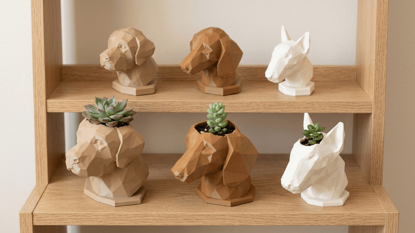Six low-poly dog heads on an oak shelf: a Labrador, a Dachshund and a Bull Terrier as figurines above and as planters with succulents below