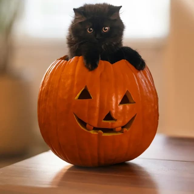 A black kitten peeking out of a carved jack-o’-lantern