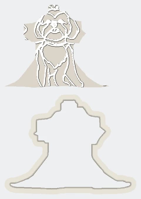 The factory preview of a caped dog’s cutter beside its stamp
