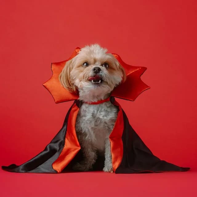 A small dog in a red and black vampire cape
