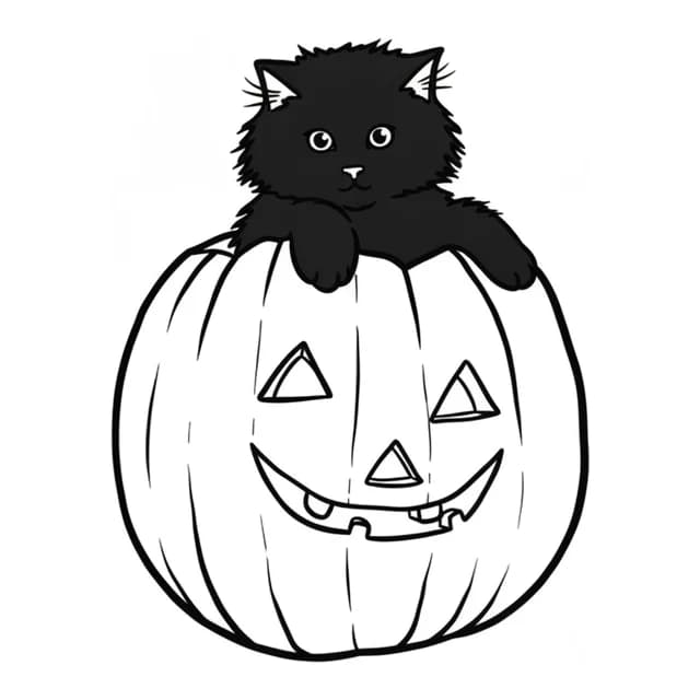 The black kitten and pumpkin drawn as a faithful coloring picture, the kitten kept black